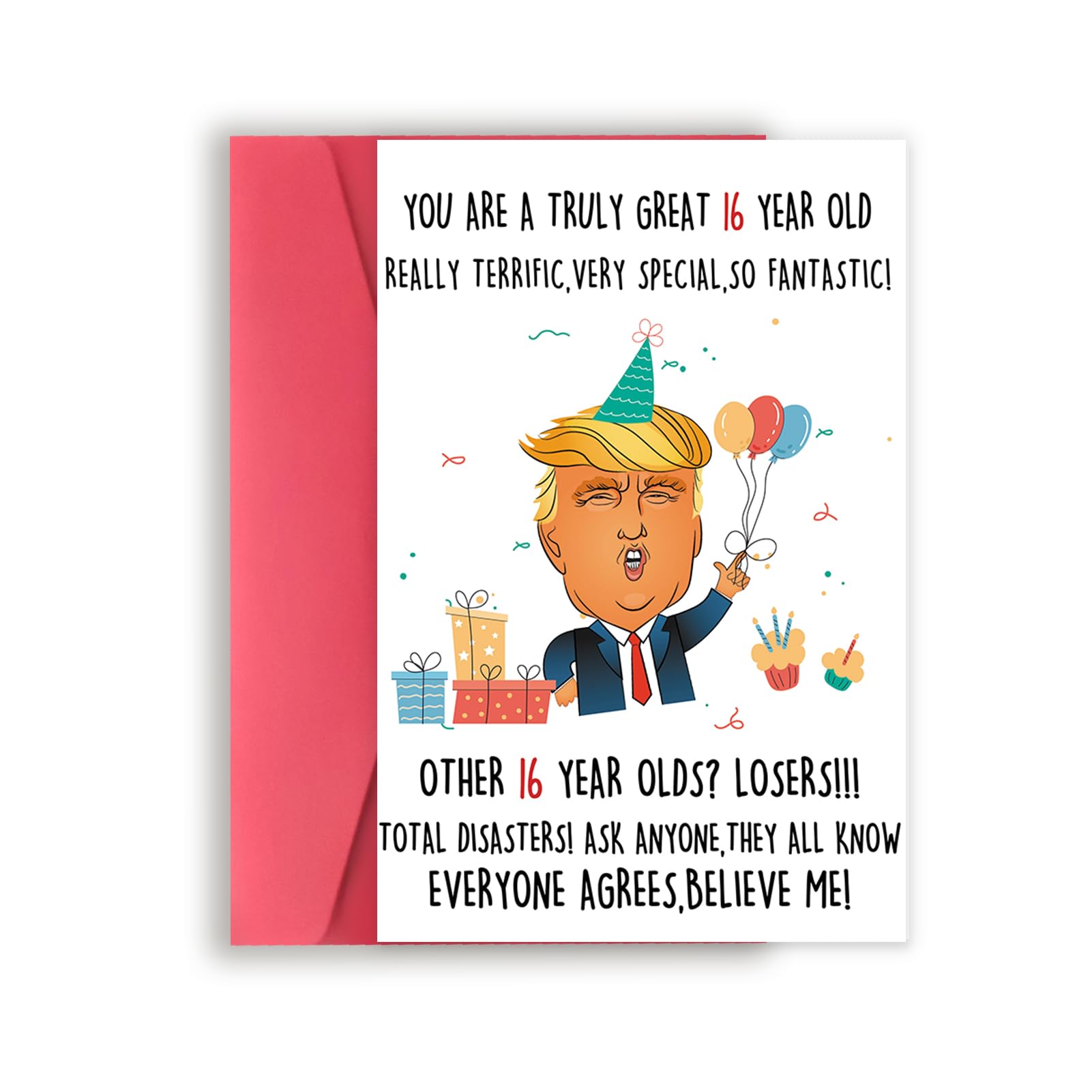 Missonemi Funny Trump 16th Birthday Card for Him Her, Humorous Donald 16th Birthday Card Gift for Son Daughter, 16 Year Old Birthday Decoration for Niece Nephew