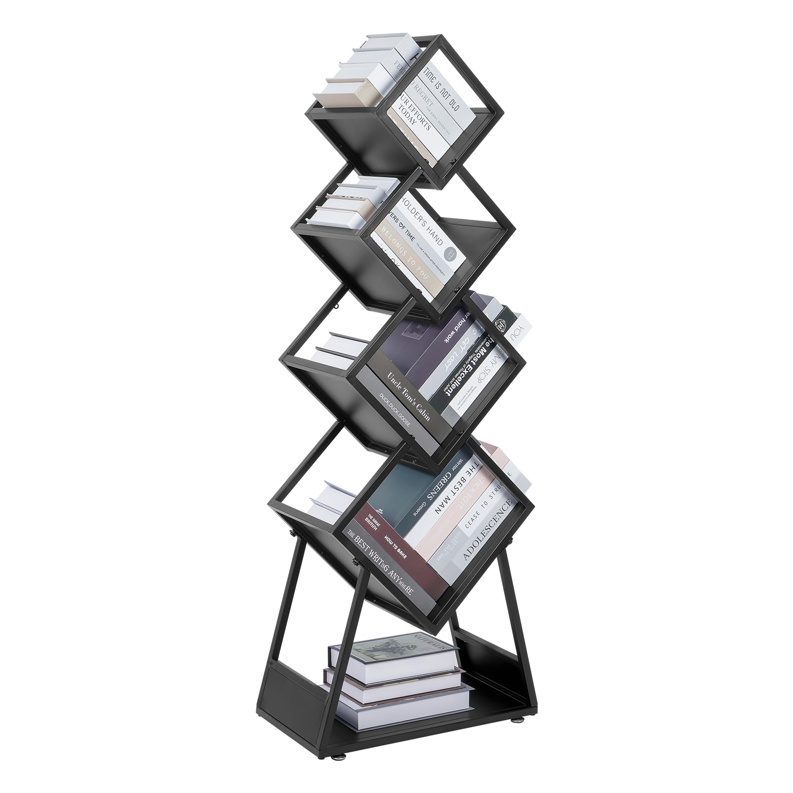 uyoyous Tree Bookshelf 5 Tier Tree Bookcase Metal Bookshelf Standing Bookshelf Modern Bookshelf for CDs/Movies/Books, Storage Shelves for Bedroom, Living Room, Home Office, Black