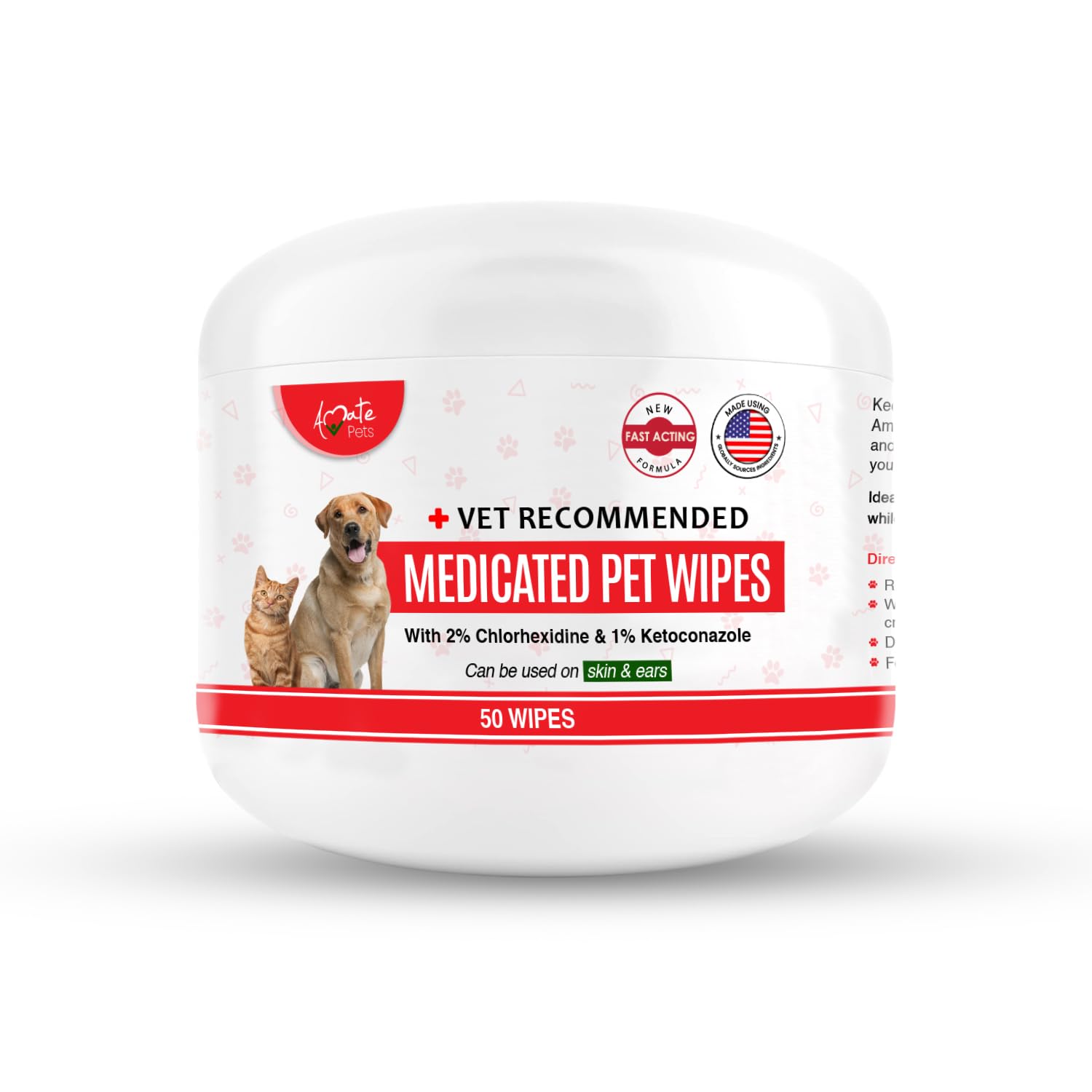 Amate Medicated Dog Wipes for Ear Skin & Coat - Pet Wipes for Dogs & Cats - 2.5” Small Wipes - Relieve Skin Issues, Hot Spots & Irritation - Pack of 50