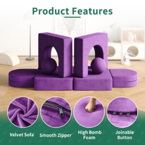 wanan 8PCS Kids Sofa, Kids Modular Couch Toddler with 2 Balls, Kids Couch Play Set 8 in 1 Baby Foam Sofa Kids Couch (Purple)