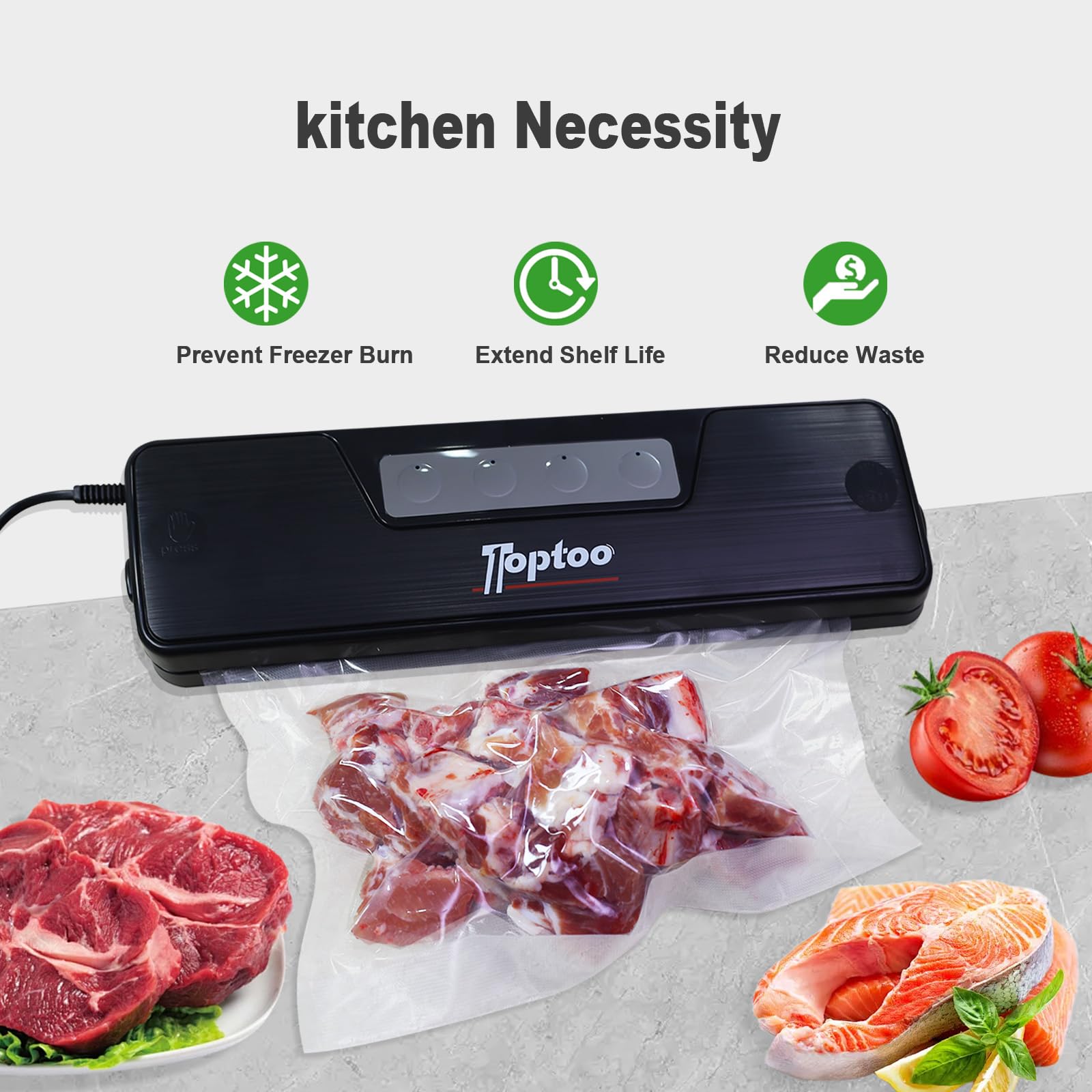 Toptoo Vacuum Sealer For Food Storage Vacuum Sealer Machine Meat Sealers Vacuum Packing Machine With Free Vacuum Seal Bags 1 Roll (12" x 17'), 2 Rolls (8" x 17') and 10 Pack (6" x 10') Black