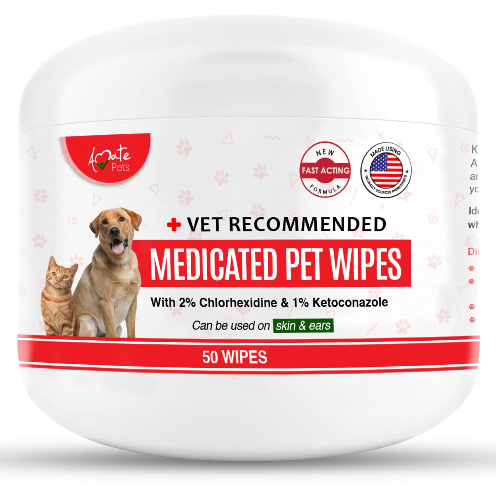 Amate Medicated Dog Wipes for Ear Skin & Coat - Pet Wipes for Dogs & Cats - 2.5” Small Wipes - Relieve Skin Issues, Hot Spots & Irritation - Pack of 50