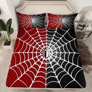 manfei spider kids fitted sheet twin size, white spider web black dots bedding set 2pcs for boys girls room decor, red and black bed cover with 1 pillowcase, soft polyester bedding, no top sheet