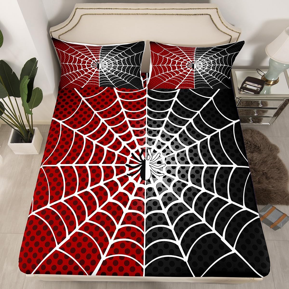 Manfei Spider Kids Fitted Sheet Twin Size, White Spider Web Black Dots Bedding Set 2pcs for Boys Girls Room Decor, Red and Black Bed Cover with 1 Pillowcase, Soft Polyester Bedding, No Top Sheet