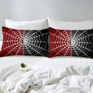 Manfei Spider Kids Fitted Sheet Twin Size, White Spider Web Black Dots Bedding Set 2pcs for Boys Girls Room Decor, Red and Black Bed Cover with 1 Pillowcase, Soft Polyester Bedding, No Top Sheet