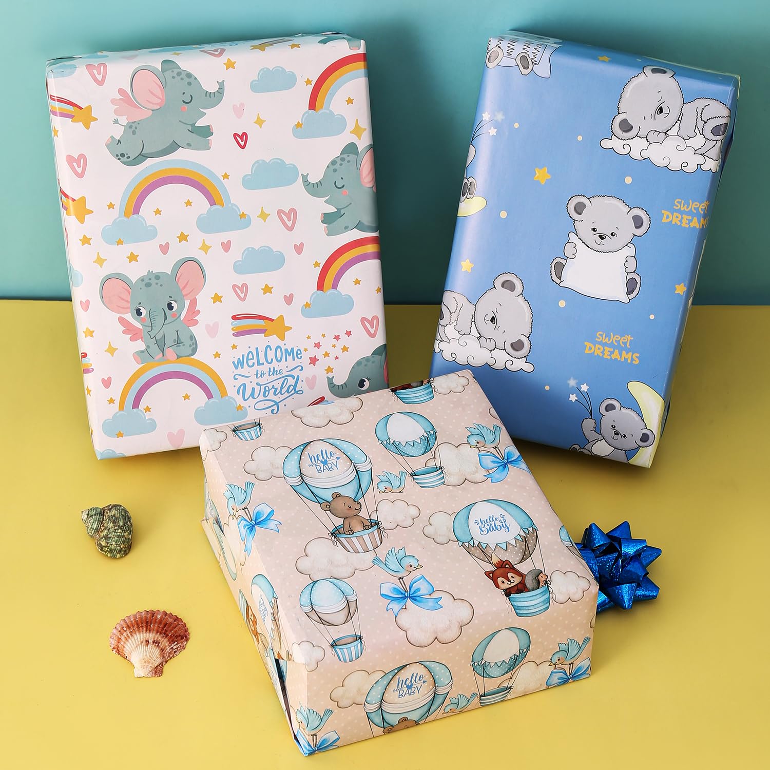 BOLIANNE Baby Shower Wrapping Paper - Gift Wrapping Paper for Boys Girls Kids with Cute Baby Bears Elephants Hedgehogs, 6 Large Sheets Baby Gift Wrap for Birthday Holiday, 27 X 37 Inch