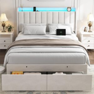 TIGUBFRE Full Size Bed Frame with Storage Headboard, Upholstered Platform Bed Frame with LED Lights, Drawers, Charging Station, Wood Slats Support, No Box Spring Needed, Beige