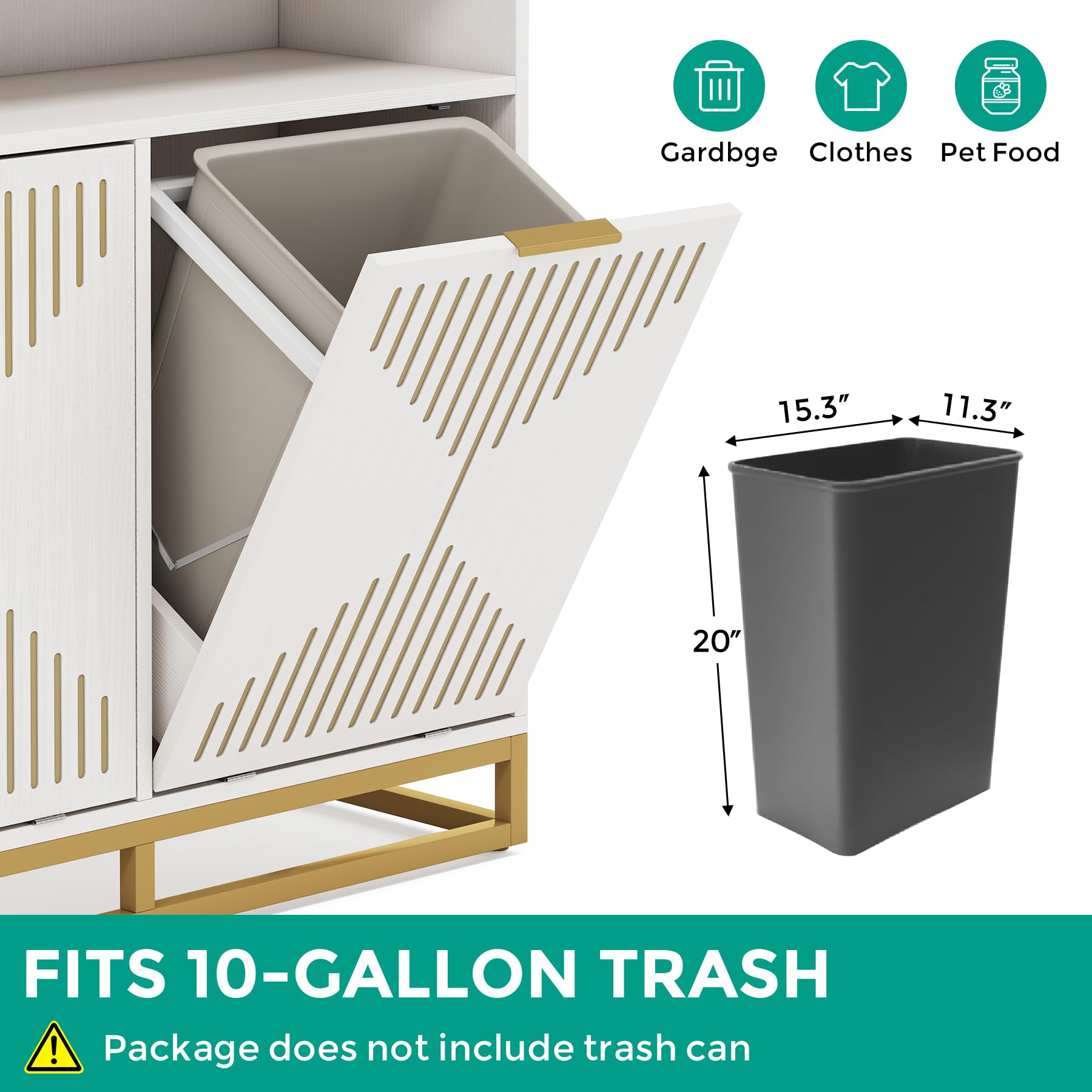 Condemo Double Tilt Out Trash Cabinet, Modern 20 Gallon Trash Bin Cabinets, Freestanding Recycling Cabinet, Storage Cabinet for Kitchen, Dining Room, Laundry, White and Gold (No Trash Can)