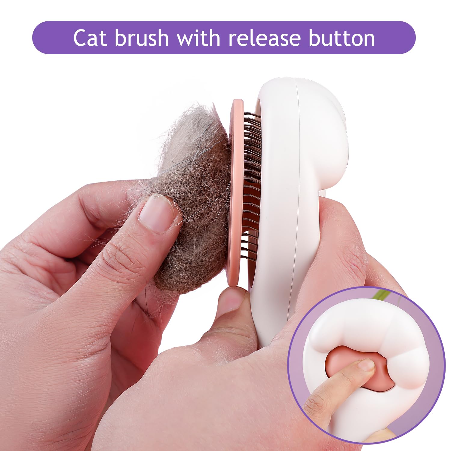 QIICJUR Cat Brush for Long or Short Haired Cats and Dogs, Self Cleaning Pet Hair Brush, Removes Loose Fur, Tangles, Mats, Dander, Dirt, Provides Relaxing Massage, Pink White