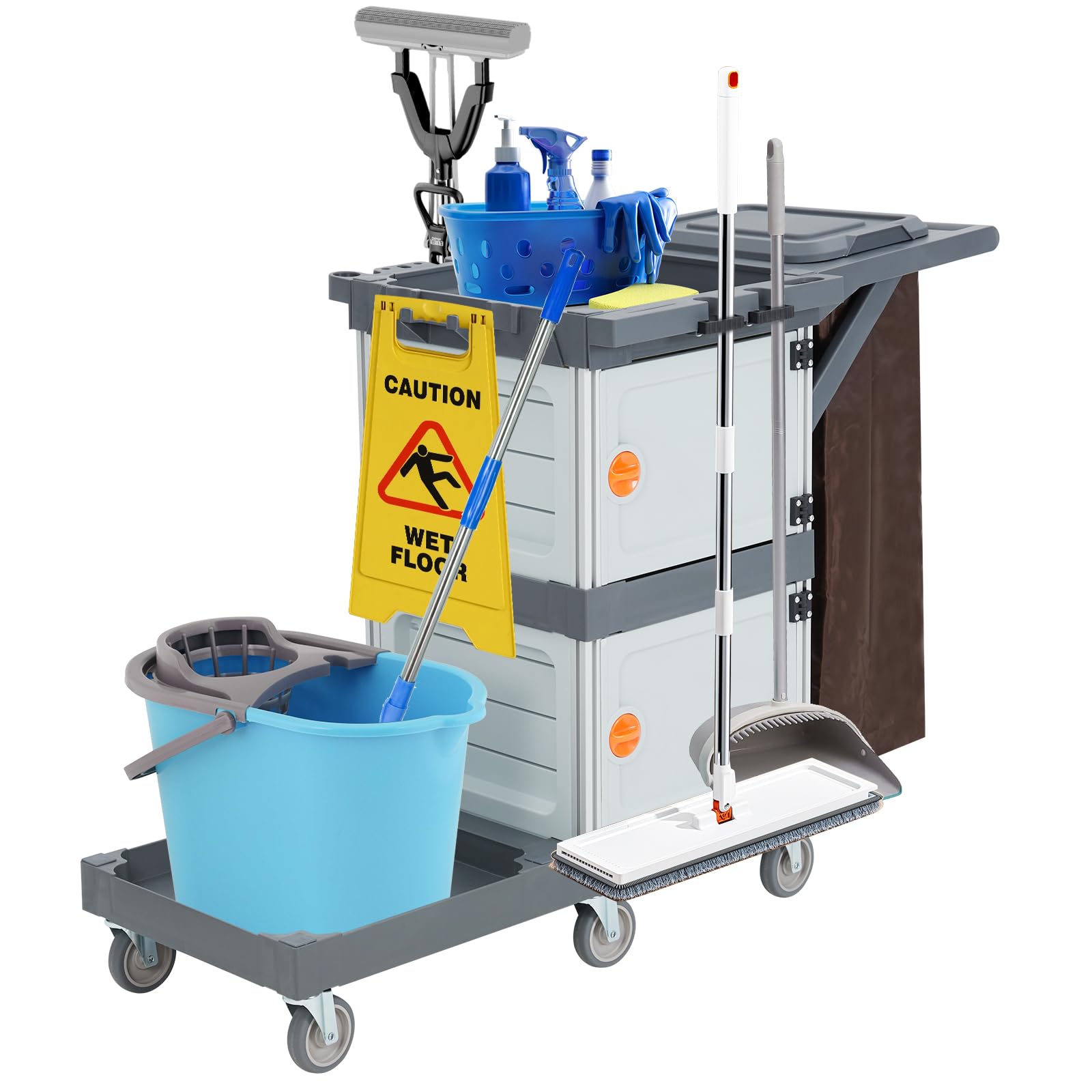 Commercial Janitorial Cart with 2 Cabinet - Black Housekeeping Caddy with Cover, Shelves, and Vinyl Bag