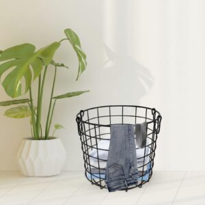 ABOOFAN Round Wire Laundry Basket Small Metal Clothes Hamper with Handle Iron Wire Utility Storage Container Farmhouse Organizer Bin for Toys Book Blanket Black