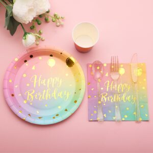 175PCS Rainbow Birthday Decorations,Birthday Plates and Napkins Party Supplies,Disposable Rainbow Birthday Plates,Pastel Paper Plates for Girl Women Birthday Party Decorations,Serves 25 Guests