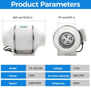 Voltset 4 Inch Duct Fan, Inline Ventilation Exhaust Fan, 280 CFM Duct Intake Fan High Efficiency Air Fan for Duct Vent Bathroom, Kitchen, Grow Tent, Hydroponics, 3D Printer