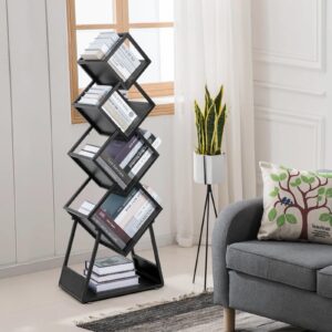 uyoyous Tree Bookshelf 5 Tier Tree Bookcase Metal Bookshelf Standing Bookshelf Modern Bookshelf for CDs/Movies/Books, Storage Shelves for Bedroom, Living Room, Home Office, Black