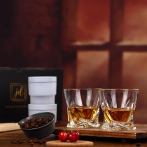 Whiskey Rocks Glass Set In Gift Box - Includes 2 Crystal Bourbon Glasses and 2 Big Ice Ball Molds - 11 Oz Old Fashioned Glasses for Scotch, Cocktails, Rum, Cognac, Vodka - Unique Gift for Men