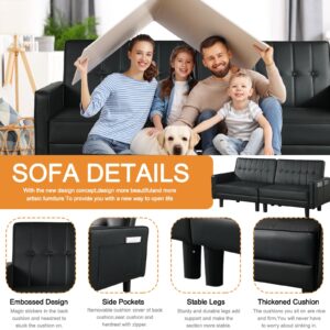 OQQOEE Futon Sofa Bed, Convertible Loveseat Couch with Adjustable Backrest, Faux Leather Upholstered Sleeper Sofa for Living Room & Apartment, Side Pockets, Black (Black, Loveseat)