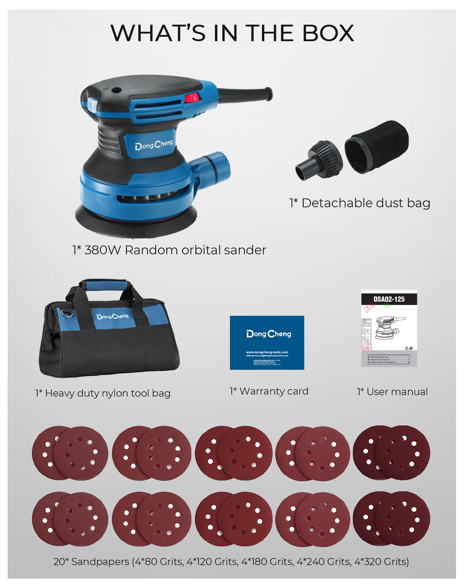 Dong Cheng 5-Inch Random Orbital Sander 380W 12800OPM Electric Palm Sander, 6 Variable Speeds, with 20pcs Sandpaper & Detachable Dust Bag, Power Sander for Woodworking, Sanding & Polishing