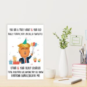 Missonemi Funny Trump 16th Birthday Card for Him Her, Humorous Donald 16th Birthday Card Gift for Son Daughter, 16 Year Old Birthday Decoration for Niece Nephew