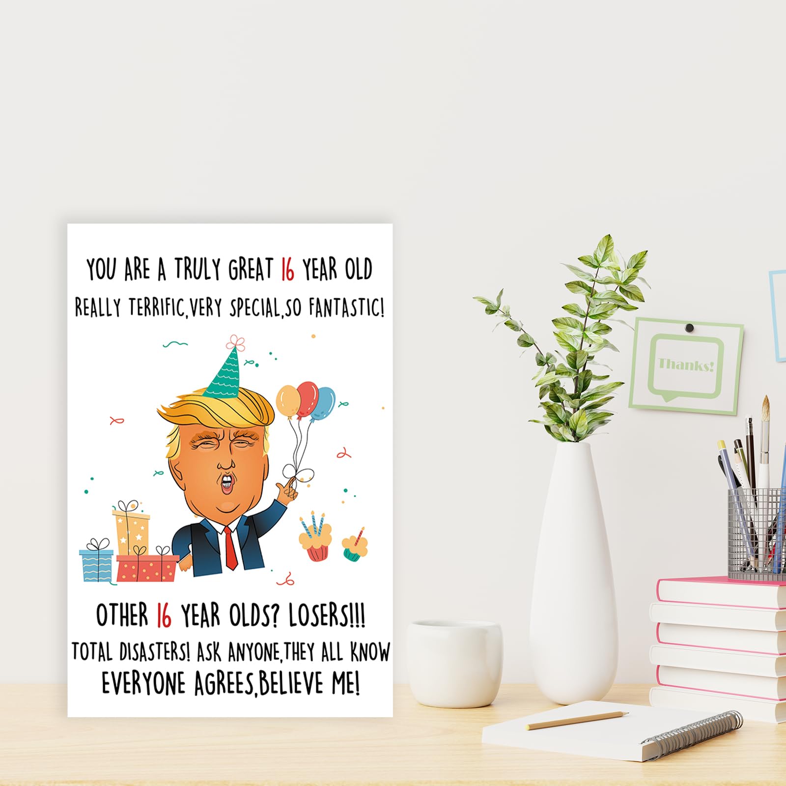 Missonemi Funny Trump 16th Birthday Card for Him Her, Humorous Donald 16th Birthday Card Gift for Son Daughter, 16 Year Old Birthday Decoration for Niece Nephew