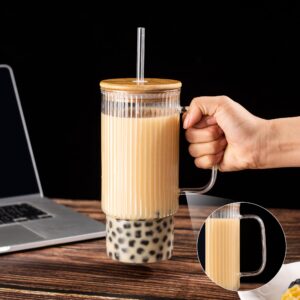 erichbow 32oz Ribbed Glass Cup with Handle Bamboo Lid and Straw, Glass Tumbler, Iced Coffee Cups Hot/Cold Drinks