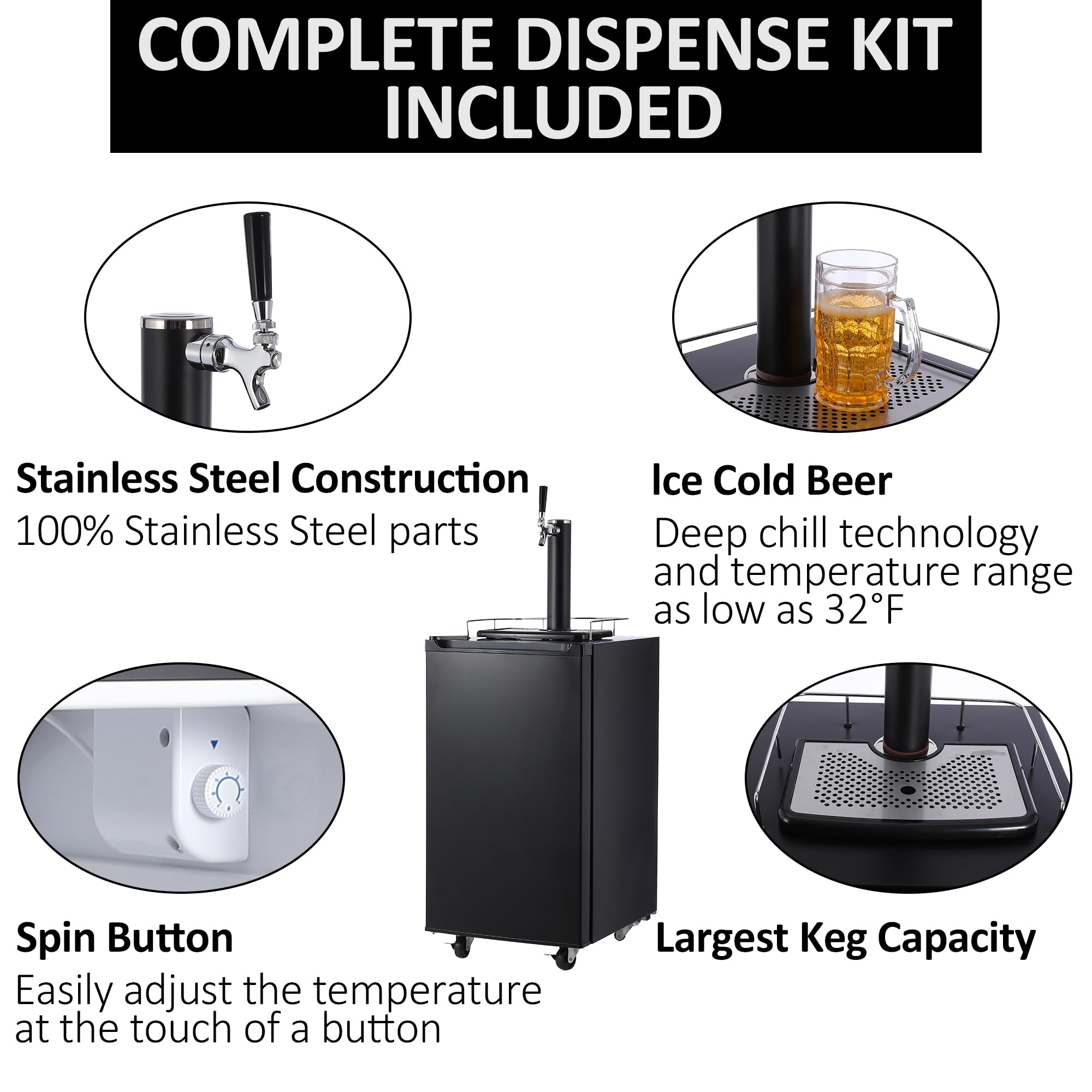 Beer Kegerator, Single Tap Draft Beer Dispenser, Full Size Stainless Steel Keg Refrigerator With Drip Tray, CO2 Cylinder, 32°F- 50°F Temperature Control