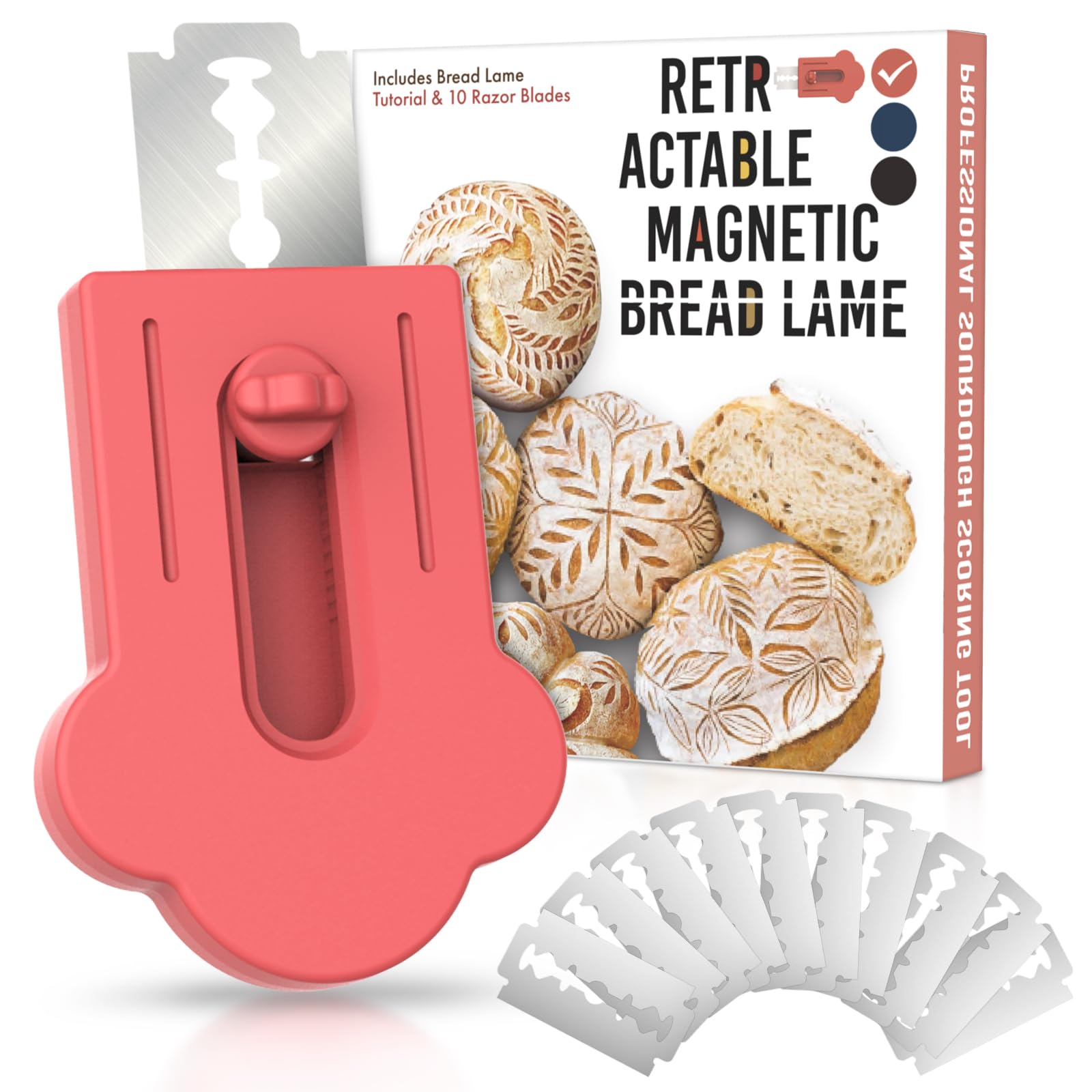 MEKER Bread Lame, Upgraded Magnetic Dough Scoring Tool with 10 Razor Blades for Sourdough Bread Baking & Making, Includes Scoring Patterns Booklet, Red