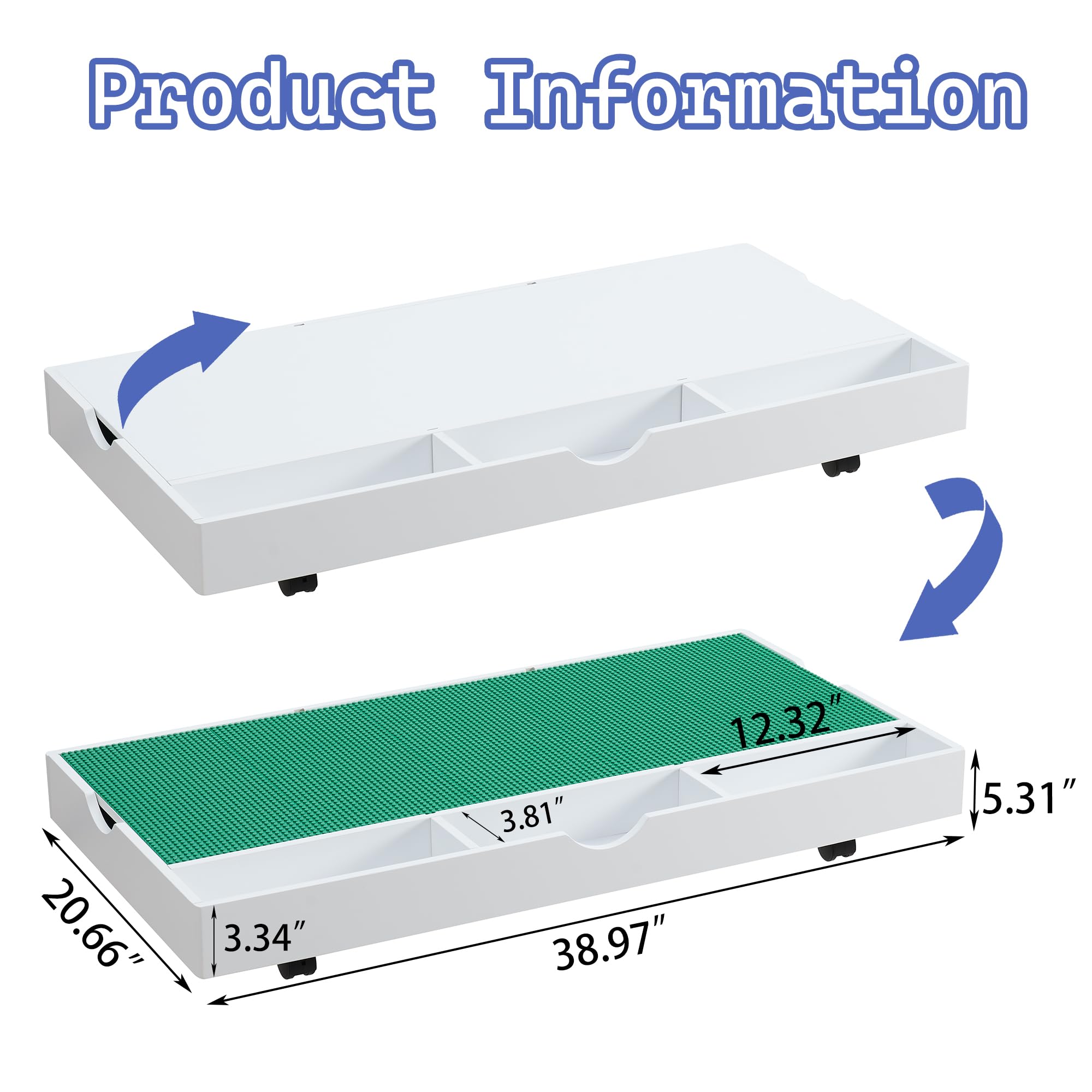 2 in 1 Construction Play Table Compatible with Lego, Game Table with Block Board and Train Car, Rolling Game Table with Locking Wheels and Storage Space, Suitable for Storing Under Bed or Sofa (White)