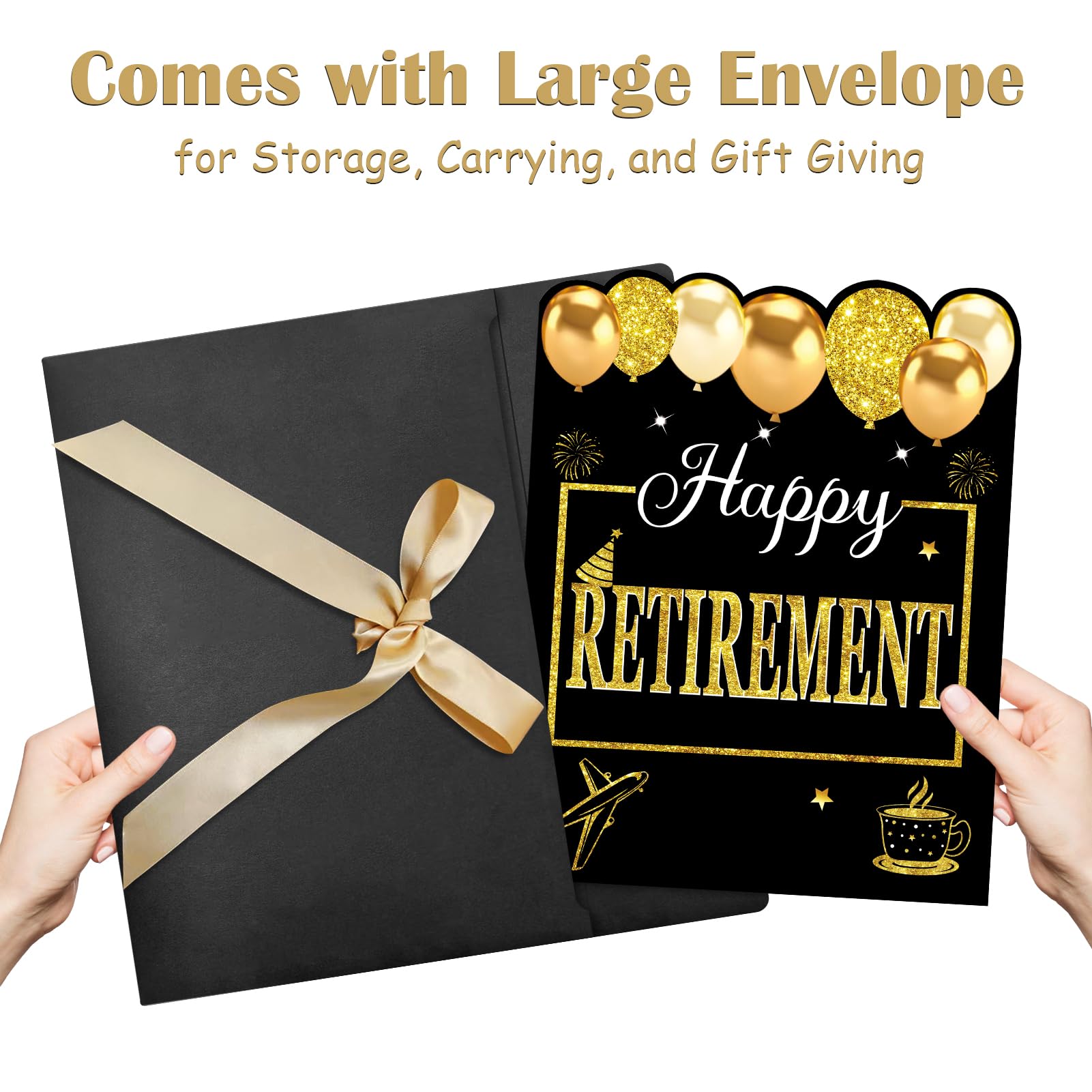 Kuxriox Happy Retirement Party Decorations Card for Men Women, Black Gold Large Retirement Card With Envelope, Jumbo Happy Retired Guest Book Greeting Card, Giant Farewell Retired Card Gifts