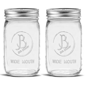 Wide Mouth Mason Jars 32 oz - (2 Pack) - Clear Glass Quart Mason Jars With Airtight Lids and Bands. For Storage, Canning, Fermenting, Meal Prep, Cold Brew Coffee, Freezing, Microwave & Dishwasher Safe