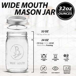 Wide Mouth Mason Jars 32 oz - (2 Pack) - Clear Glass Quart Mason Jars With Airtight Lids and Bands. For Storage, Canning, Fermenting, Meal Prep, Cold Brew Coffee, Freezing, Microwave & Dishwasher Safe