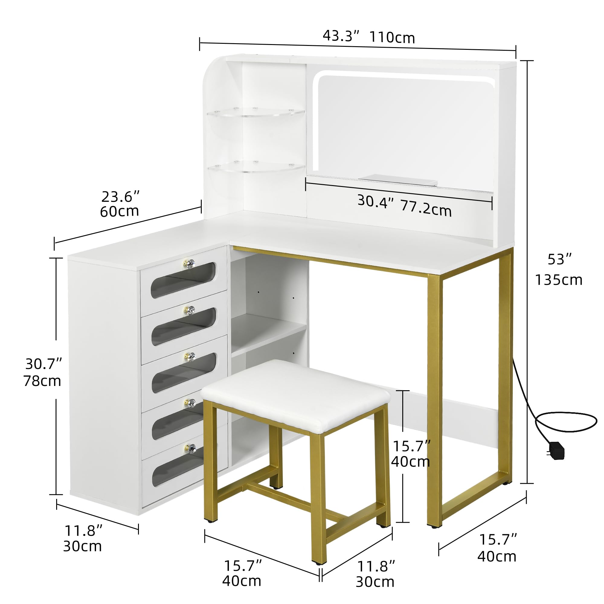 DWVO Vanity Desk with Drawers & LED Lighted Mirror 3 Lighting Mode & 48" L Shaped Corner White Vanity Set with Stool, 5 Acrylic Drawer Cabinet, Stylish Bedroom Makeup Table Set, White