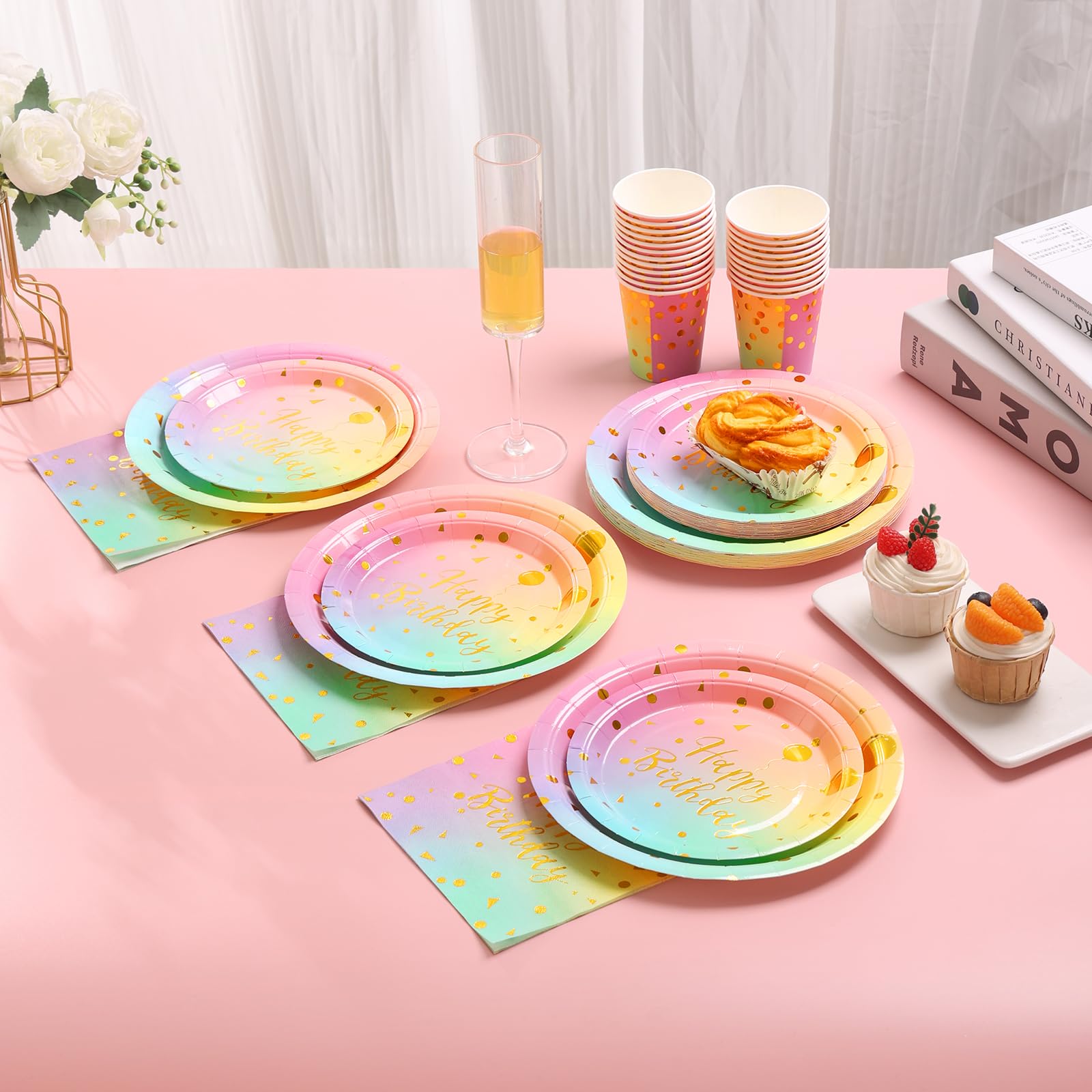 175PCS Rainbow Birthday Decorations,Birthday Plates and Napkins Party Supplies,Disposable Rainbow Birthday Plates,Pastel Paper Plates for Girl Women Birthday Party Decorations,Serves 25 Guests