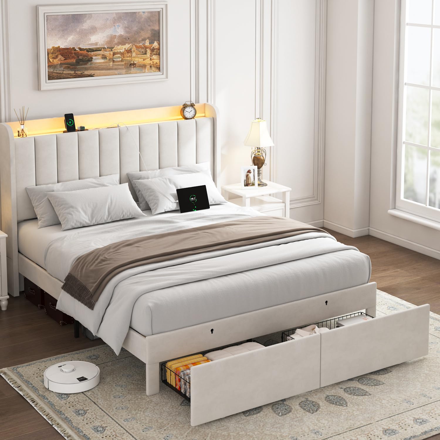 TIGUBFRE Full Size Bed Frame with Storage Headboard, Upholstered Platform Bed Frame with LED Lights, Drawers, Charging Station, Wood Slats Support, No Box Spring Needed, Beige