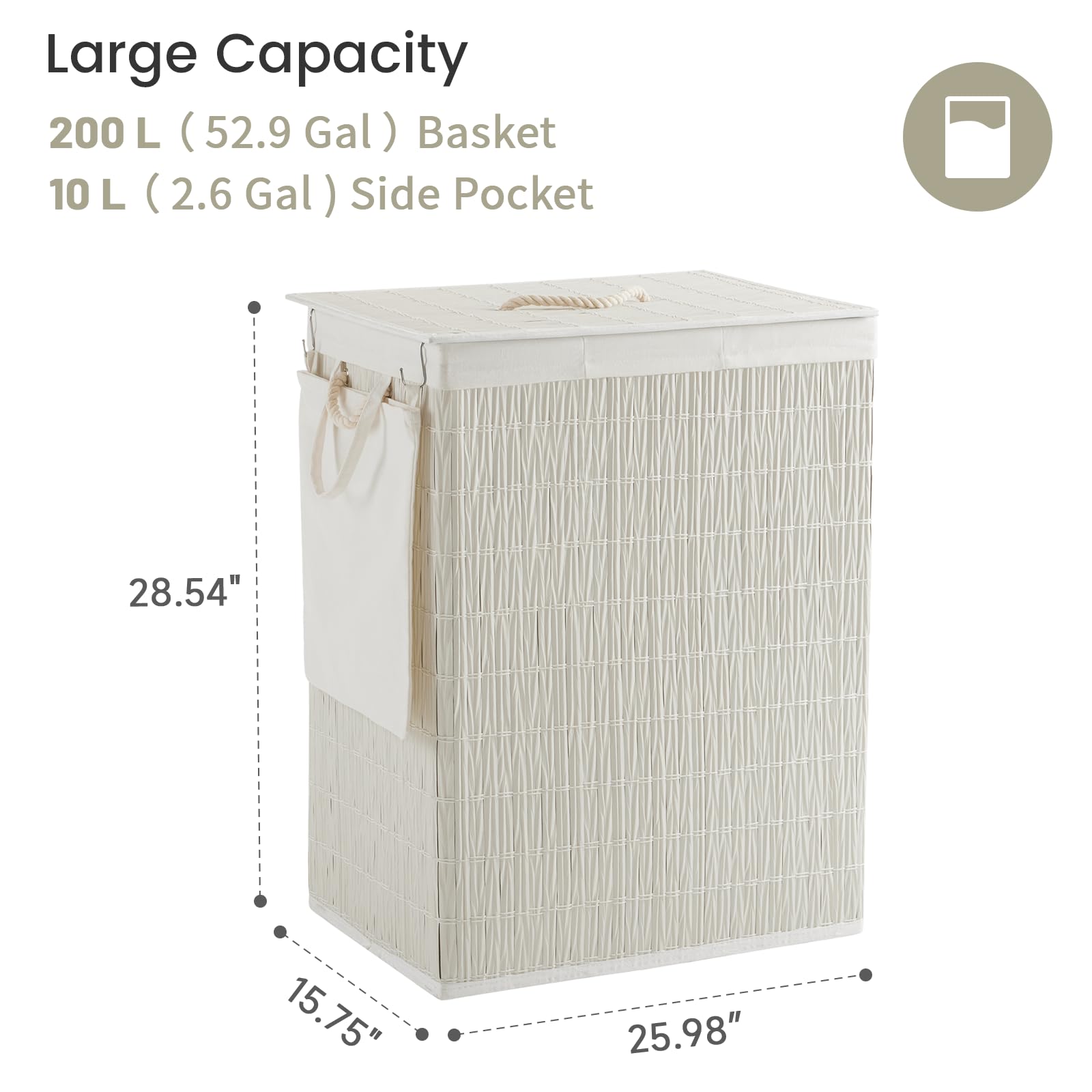 Laundry Hamper with Lid, 55.5 Gallon (210L), Large Handwoven Rattan Laundry Basket, 3 Section Clothes Hamper with Handles, 2 Removable Liner and Side Pocket, White