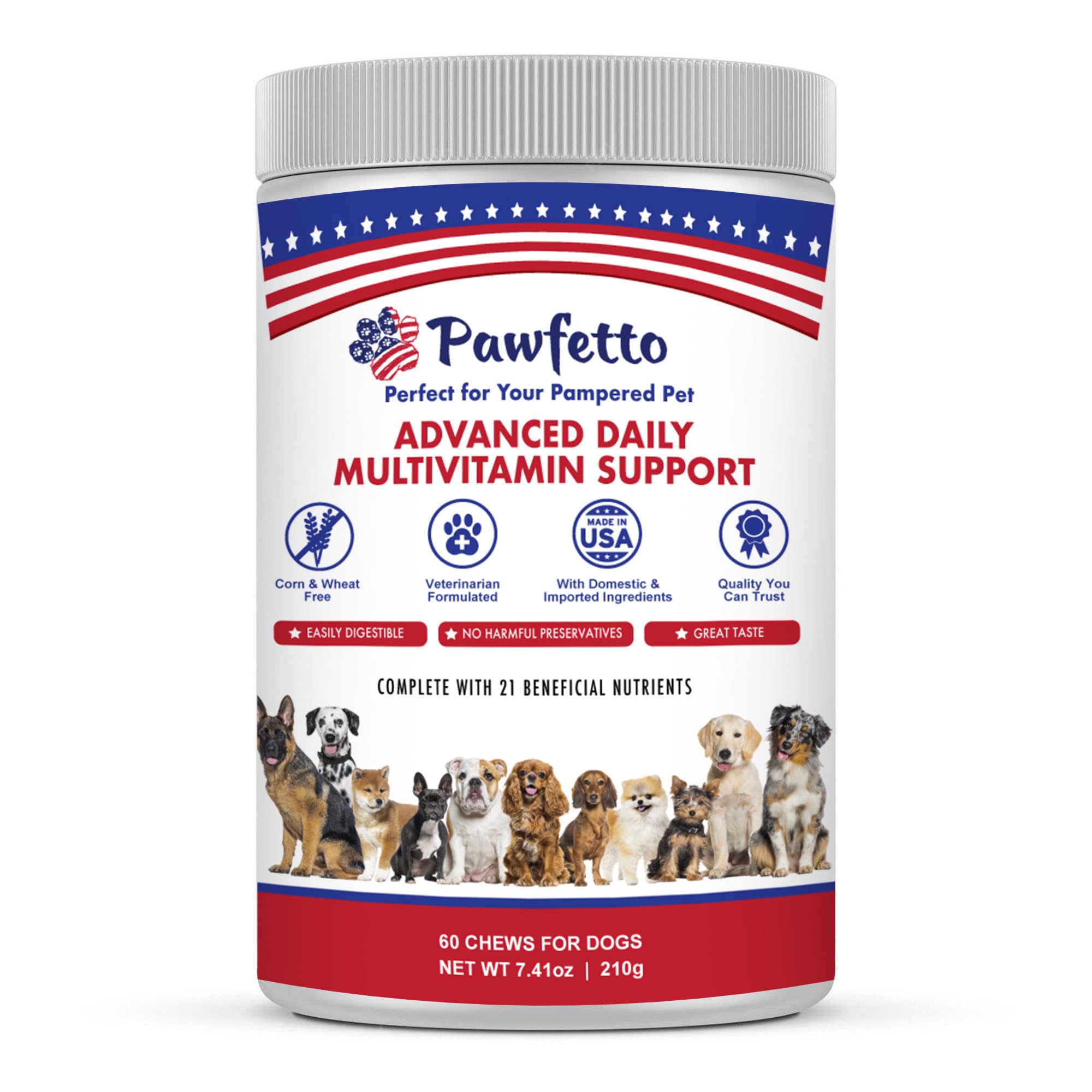 Pawfetto Advanced Daily Multivitamin Support for Dogs, Multi-Vitamin and Mineral Supplement with Essential Fatty Acids and Antioxidants, Vegetable Flavour, Perfect For Your Pampered Pet (60 Dog Chews)