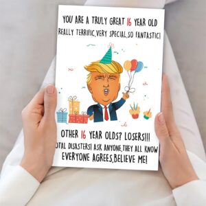 Missonemi Funny Trump 16th Birthday Card for Him Her, Humorous Donald 16th Birthday Card Gift for Son Daughter, 16 Year Old Birthday Decoration for Niece Nephew