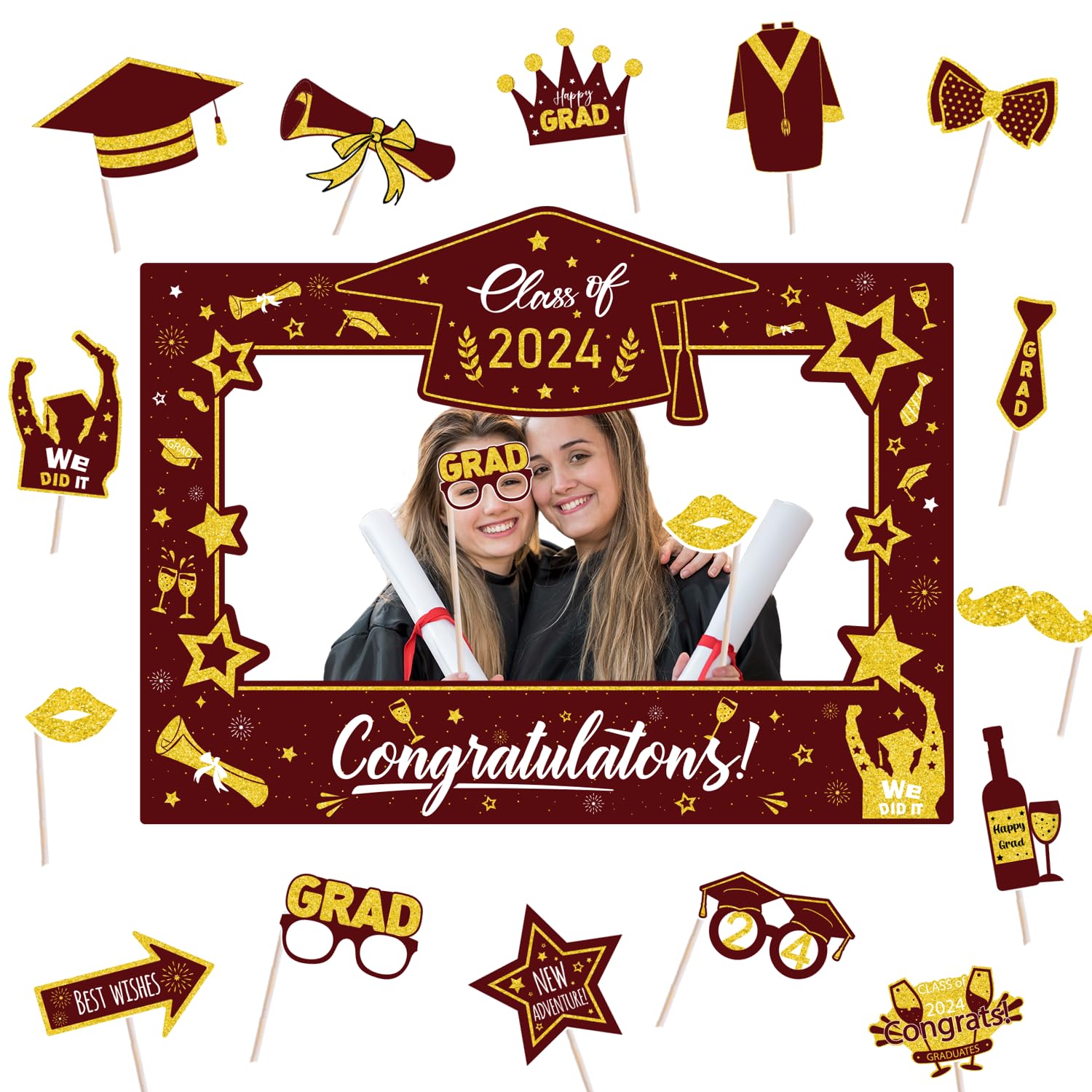 Graduation Decorations Class of 2024 Photo Booth Props - Maroon and Gold 2024 Graduation Frame & Photo Props Congrats Grad Class of 2024 Decor for Graduation Party Supplies