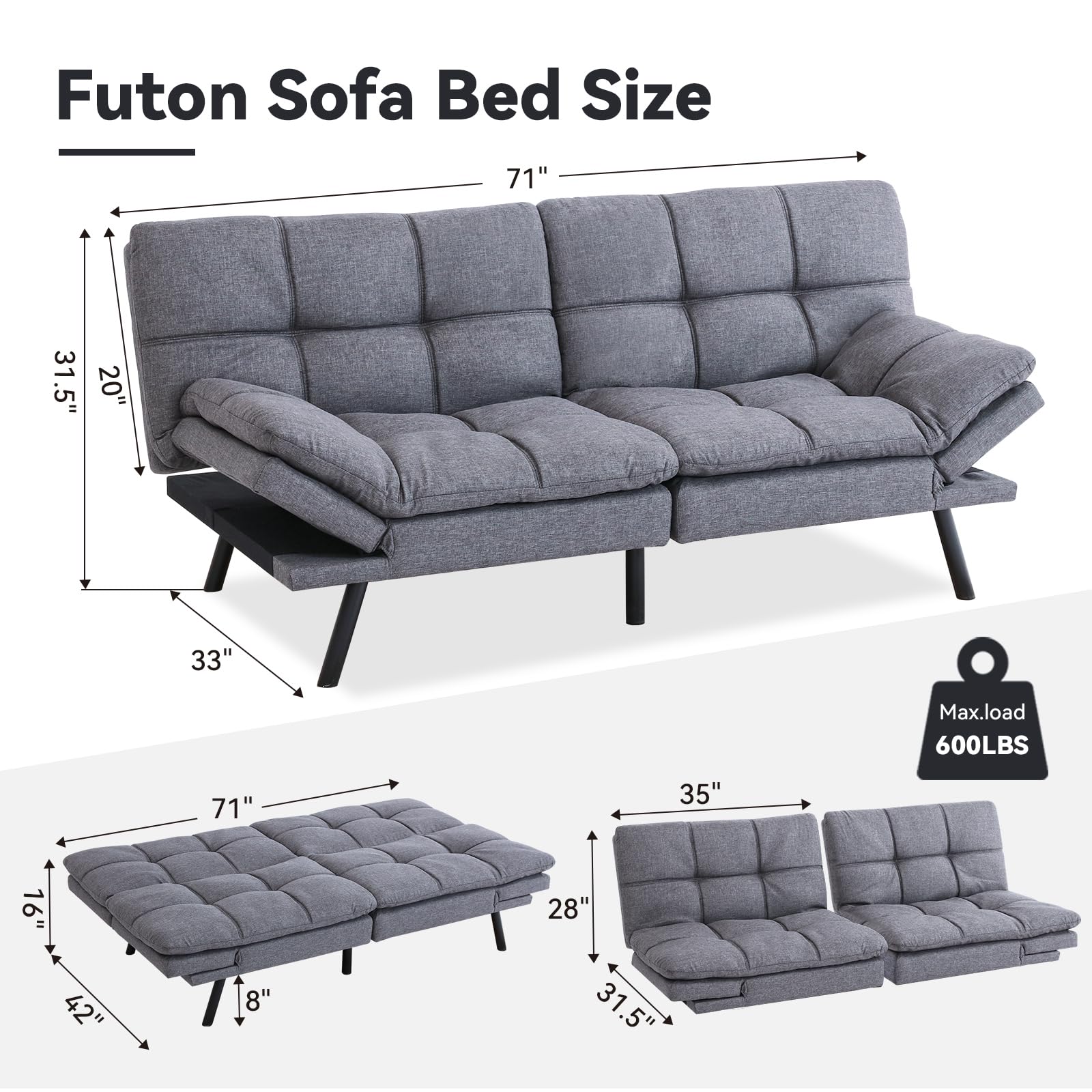 Hcore Convertible Couch, Memory Foam Futon Sleeper, Loveseat Sofa Bed Sofabed, Dark Grey