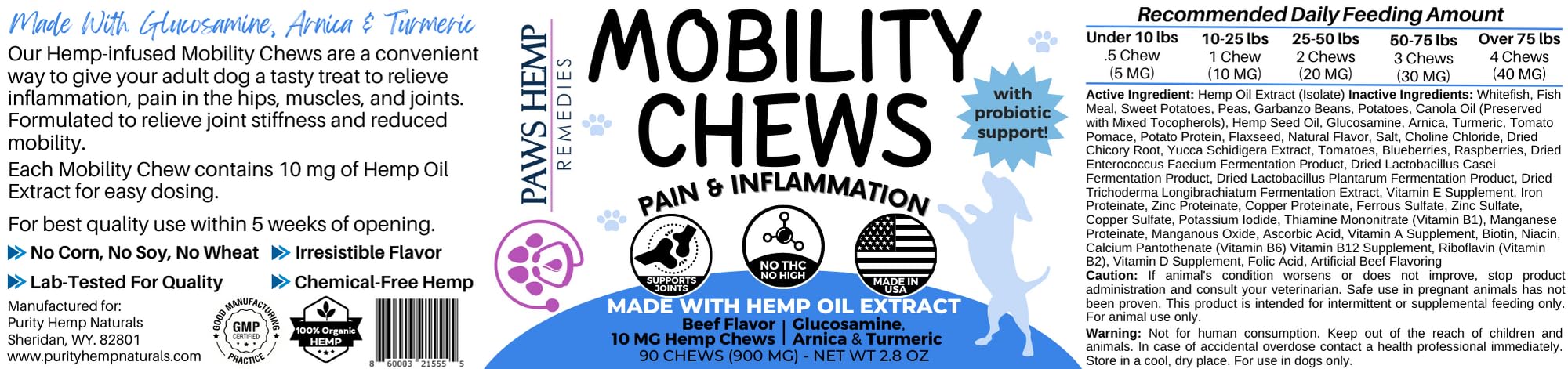 Generic Mobility Chews for Dogs. Glucosamine, Arnica, Turmeric, Hemp Oil Extract. Plus 5 Probiotic Strains for Gut Health. Beef Flavor, 100% Organic Hemp, Grain Free. Made in USA (900 mg), Brown