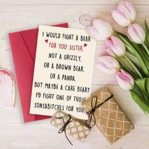 Londue Funny Birthday Card for Sister, Graduation Gifts for Sister from Mom Dad Friend Brother Sibling, Sister Card-I Would Fight A Bear for You Sister