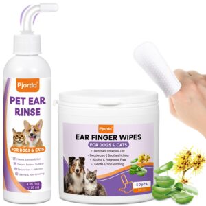 pjordo dog ear cleaner kit - dog ear finger wipes and ear cleaner solution for dogs and cats, gently remove ear wax & debris, soothe ear itching, deodorize, pet ear wash with aloe vera & witch hazel