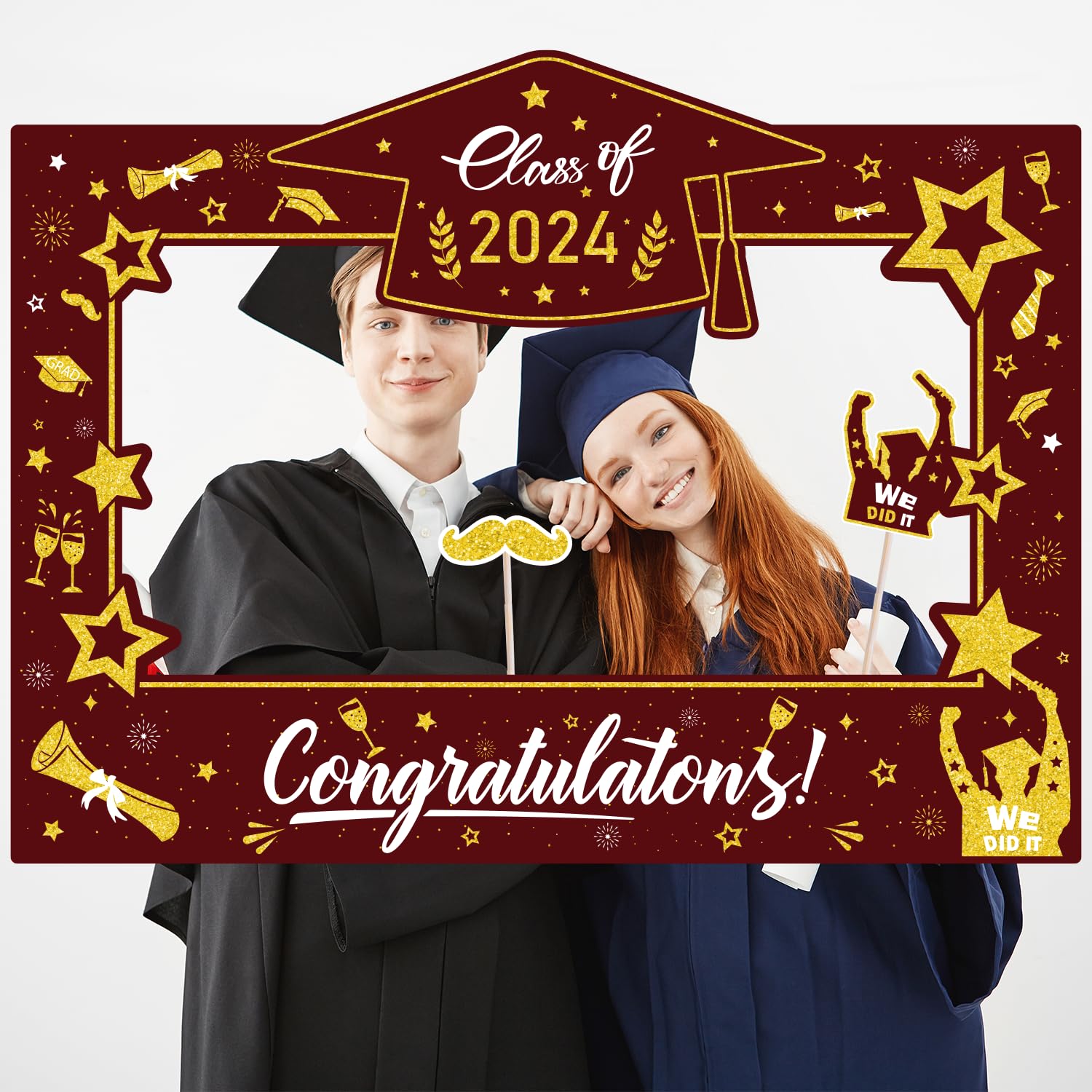 Graduation Decorations Class of 2024 Photo Booth Props - Maroon and Gold 2024 Graduation Frame & Photo Props Congrats Grad Class of 2024 Decor for Graduation Party Supplies