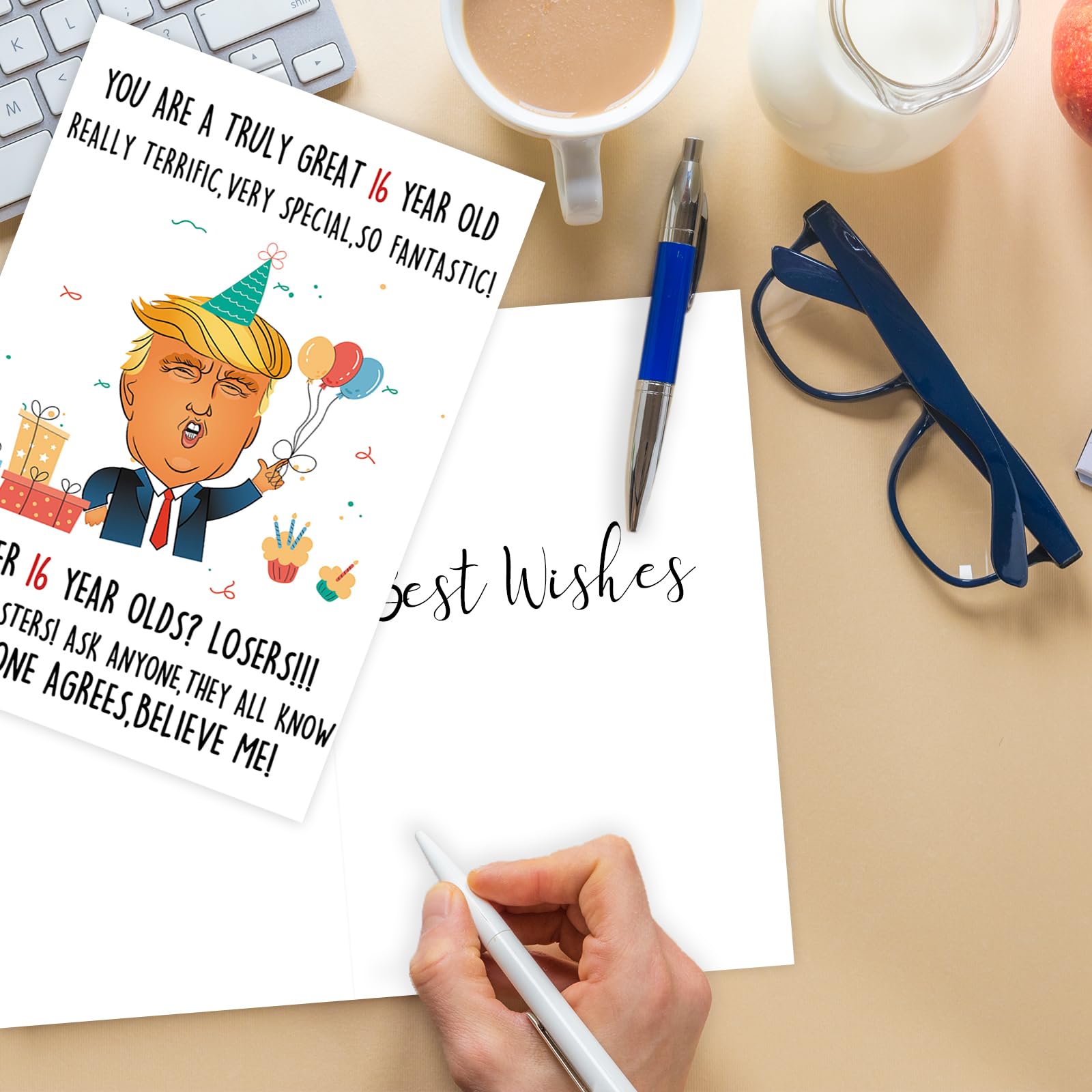 Missonemi Funny Trump 16th Birthday Card for Him Her, Humorous Donald 16th Birthday Card Gift for Son Daughter, 16 Year Old Birthday Decoration for Niece Nephew