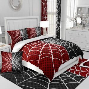 Manfei Spider Kids Fitted Sheet Twin Size, White Spider Web Black Dots Bedding Set 2pcs for Boys Girls Room Decor, Red and Black Bed Cover with 1 Pillowcase, Soft Polyester Bedding, No Top Sheet