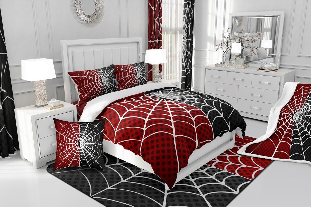 Manfei Spider Kids Fitted Sheet Twin Size, White Spider Web Black Dots Bedding Set 2pcs for Boys Girls Room Decor, Red and Black Bed Cover with 1 Pillowcase, Soft Polyester Bedding, No Top Sheet