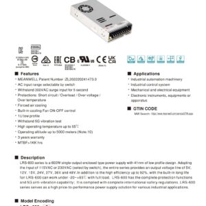 Mean Well LRS-600-36 597.6W Single Output Switching Power Supply LRS-600 36V/16.6A