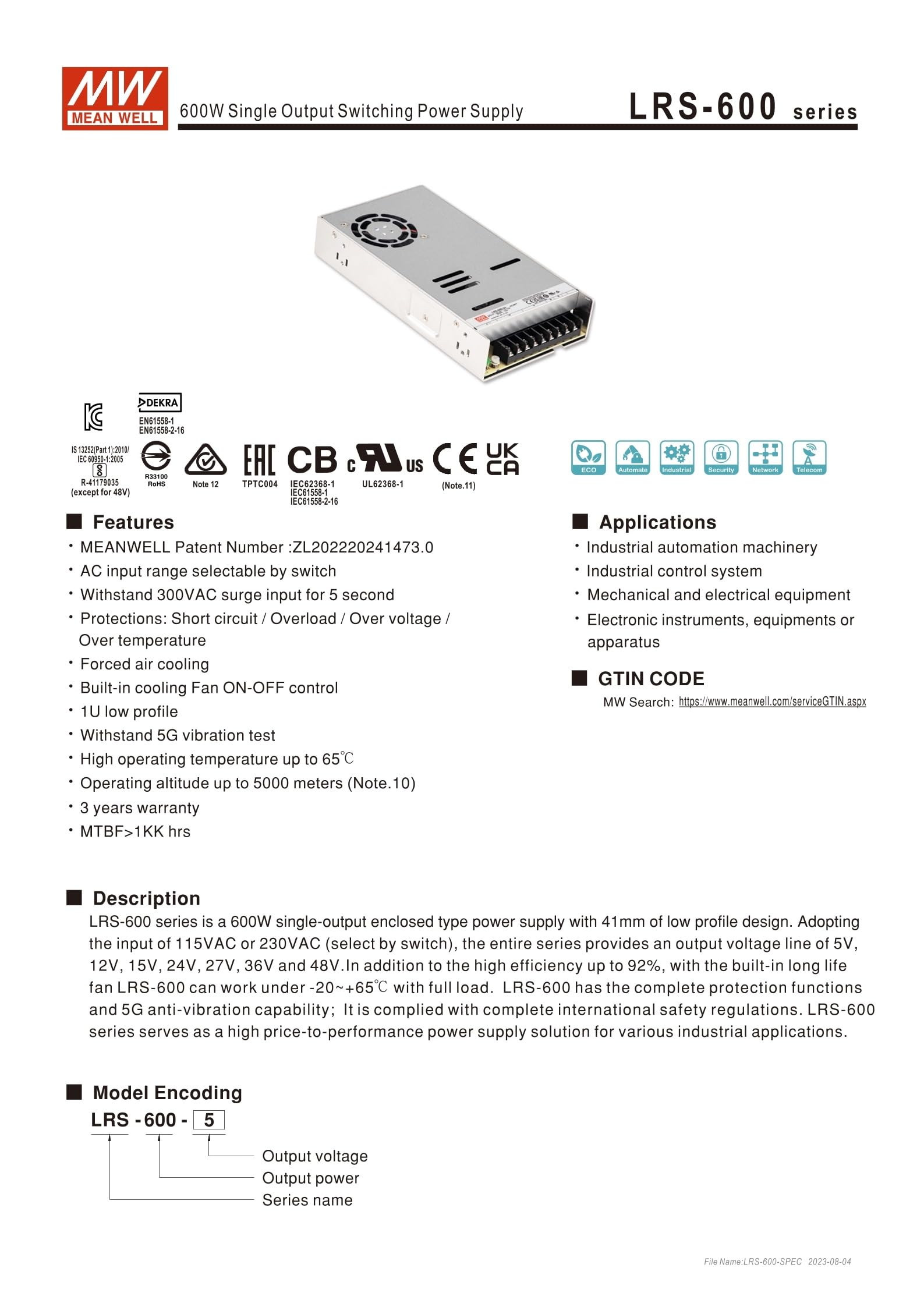 Mean Well LRS-600-36 597.6W Single Output Switching Power Supply LRS-600 36V/16.6A