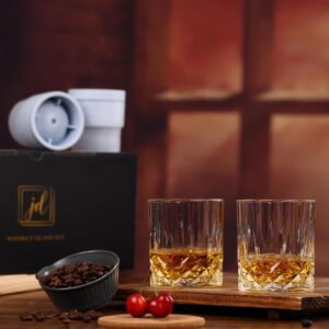 Whiskey Rocks Glass Set In Gift Box - Includes 2 Crystal Bourbon Glasses and 2 Big Ice Ball Molds - 10 Oz Old Fashioned Glasses for Scotch, Cocktails, Rum, Cognac, Vodka - Unique Gift for Men