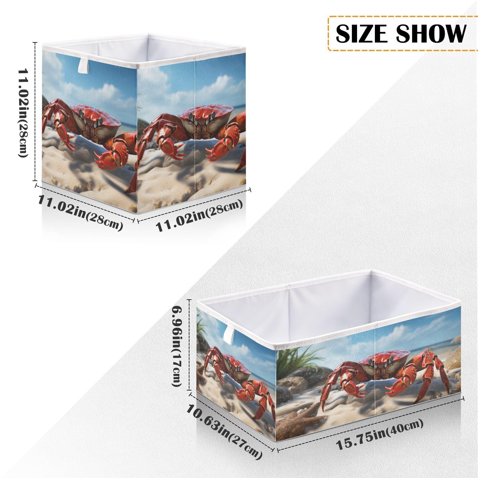 YMGQYJ Collapsible Storage Cube Beach Crab Print, Organizing Baskets with Reinforced Board for Shelf Closet Cabinet 11×11×11 IN