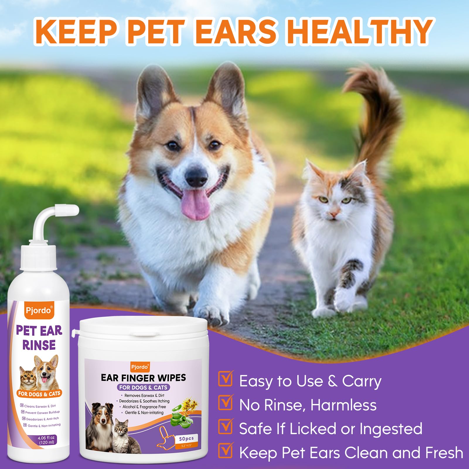 Pjordo Dog Ear Cleaner Kit - Dog Ear Finger Wipes and Ear Cleaner Solution for Dogs and Cats, Gently Remove Ear Wax & Debris, Soothe Ear Itching, Deodorize, Pet Ear Wash with Aloe Vera & Witch Hazel